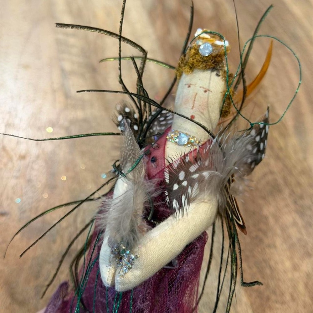 Handmade Whimsical Lace Feathered Art Doll 9”